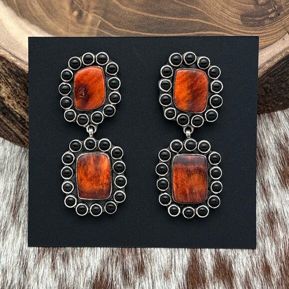 FEDERICO JIMENEZ Sterling Silver Orange Spiny & Onyx Cluster Dangle Earrings - Picture 1 of 3
